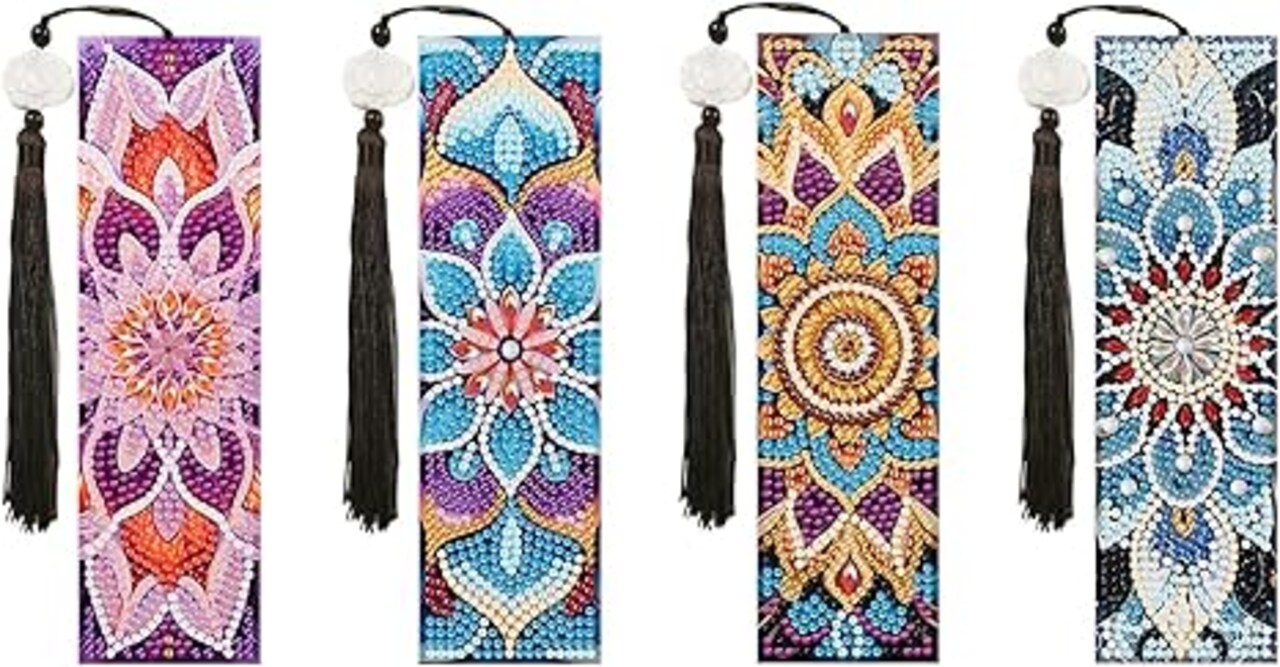 Mandala Diamond Art Bookmarks for Adults, 4 PCS Mandala Diamond Painting Bookmarks with Pendant, 5d Gem Art, Acrylic Easy DIY Crafts for Books Decor Gift